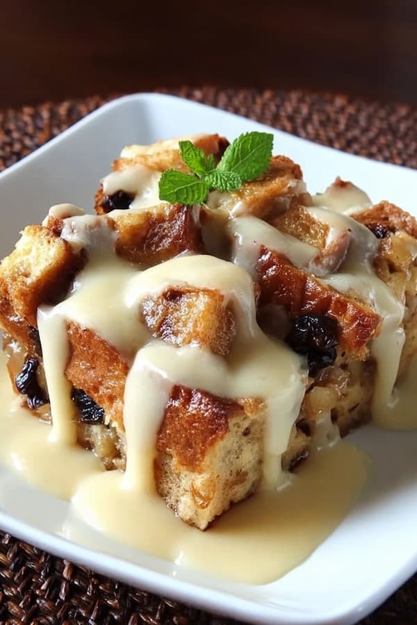 bread pudding with vanilla sauce