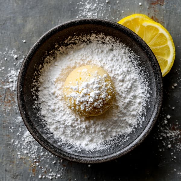 lemon cookie dough in a powdered sugar