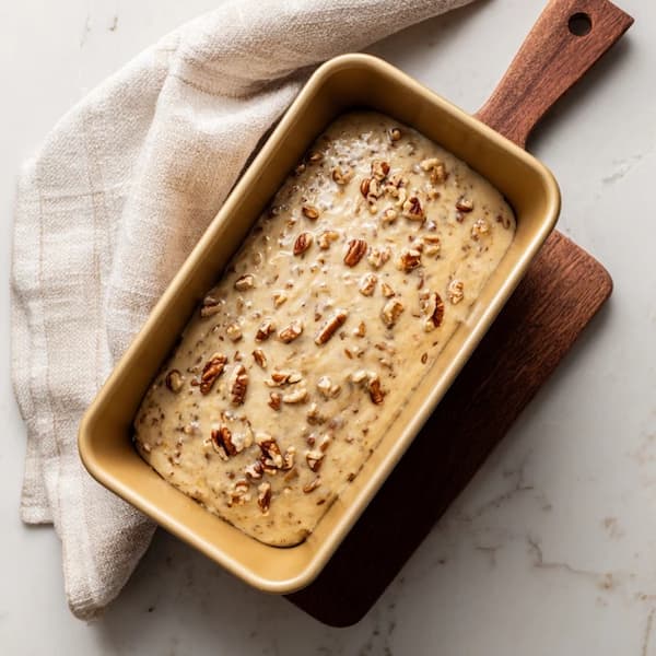 banana nut bread batter in the bakin pan